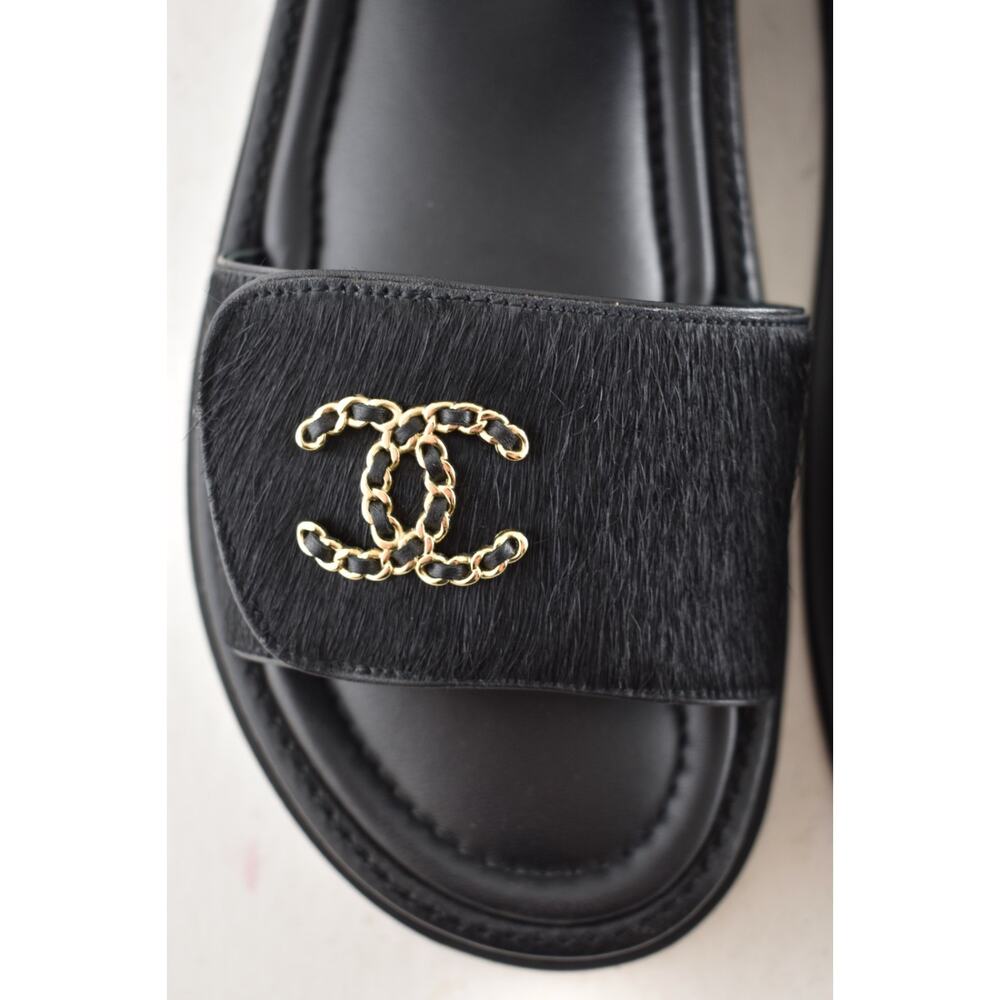 Chanel 24B Black Calf Hair Gold CC Logo Mule Slide Strap Flat Teva Dad Sandal 41 - Picture 8 of 16